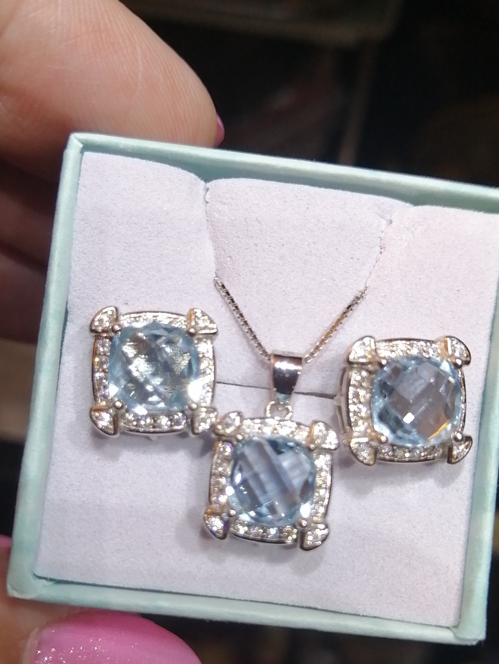 Delicate Blue Topaz 14K White Gold Over Silver 925 Pendant On Chain & Earrings
